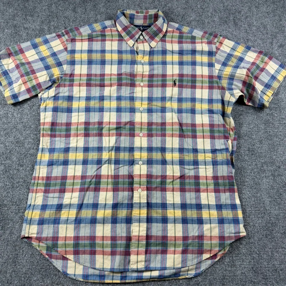 Ralph Lauren Button Down Mens Large Multi Color Plaid Blake Short Sleeve Cotton